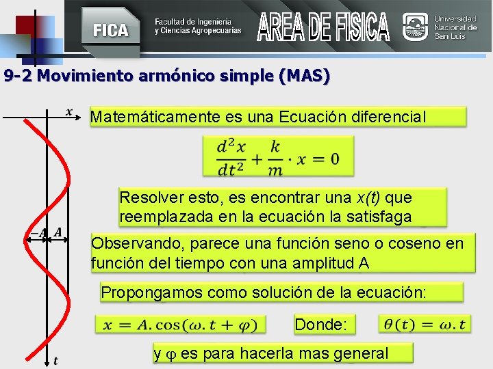 9 -2 Movimiento armónico simple (MAS) Matemáticamente es una Ecuación diferencial Resolver esto, es