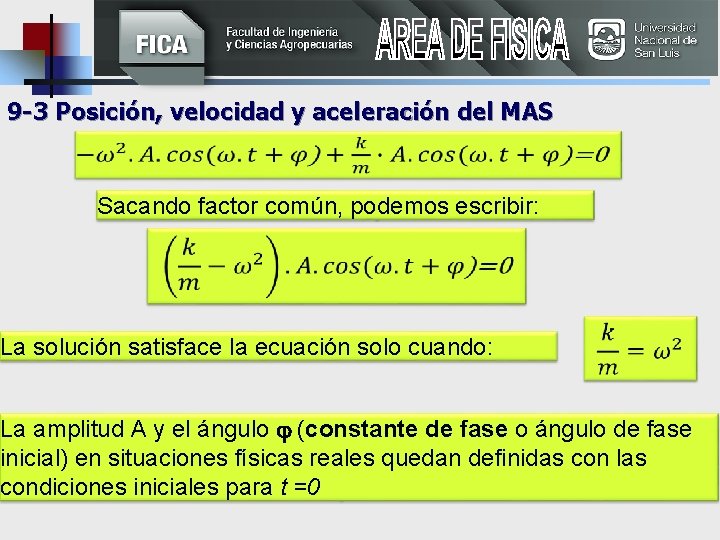 9 -3 Posición, velocidad y aceleración del MAS Sacando factor común, podemos escribir: La