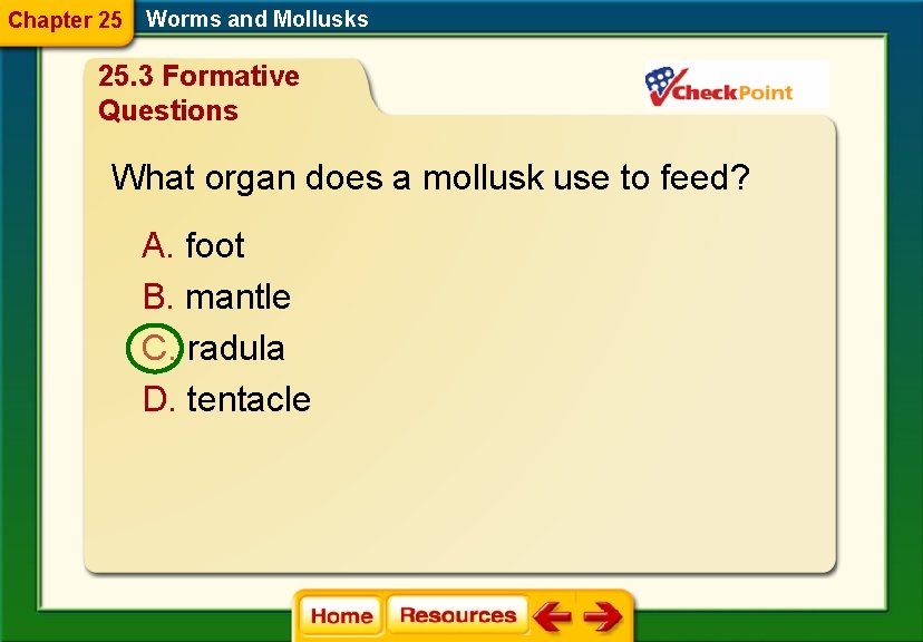 Chapter 25 Worms and Mollusks 25. 3 Formative Questions What organ does a mollusk