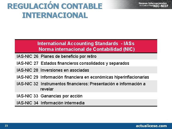 REGULACIÓN CONTABLE INTERNACIONAL International Accounting Standards - IASs Norma internacional de Contabilidad (NIC) IAS REGULACIÓN CONTABLE INTERNACIONAL International Accounting Standards - IASs Norma internacional de Contabilidad (NIC) IAS