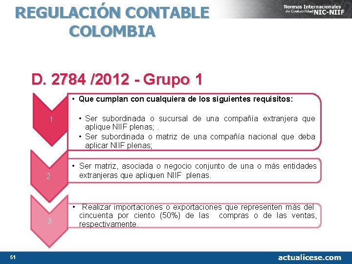 REGULACIÓN CONTABLE COLOMBIA D. 2784 /2012 - Grupo 1 • Que cumplan con cualquiera REGULACIÓN CONTABLE COLOMBIA D. 2784 /2012 - Grupo 1 • Que cumplan con cualquiera