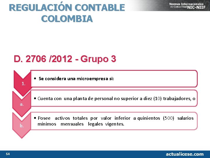 REGULACIÓN CONTABLE COLOMBIA D. 2706 /2012 - Grupo 3 1. a. b. 54 • REGULACIÓN CONTABLE COLOMBIA D. 2706 /2012 - Grupo 3 1. a. b. 54 •