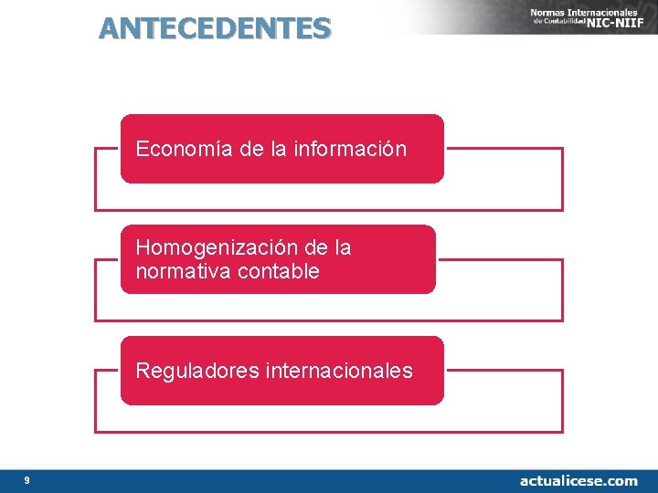 ANTECEDENTES Economía de la información Homogenización de la normativa contable Reguladores internacionales 9 ANTECEDENTES Economía de la información Homogenización de la normativa contable Reguladores internacionales 9