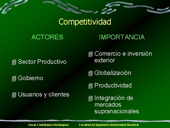 Competitividad ACTORES IMPORTANCIA 4 Comercio e inversión 4 Sector Productivo 4 Gobierno exterior 4