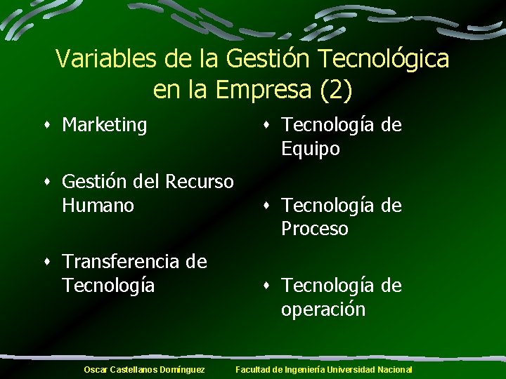Variables de la Gestión Tecnológica en la Empresa (2) s Marketing s Gestión del