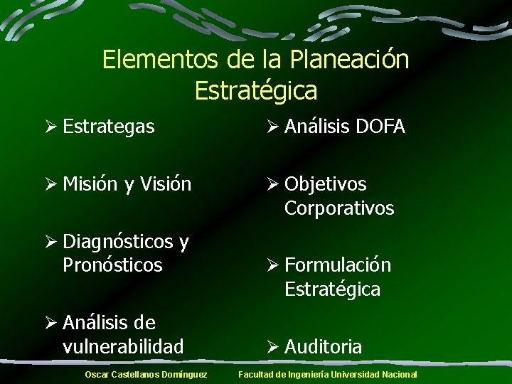 Elementos de la Planeación Estratégica Ø Estrategas Ø Análisis DOFA Ø Misión y Visión