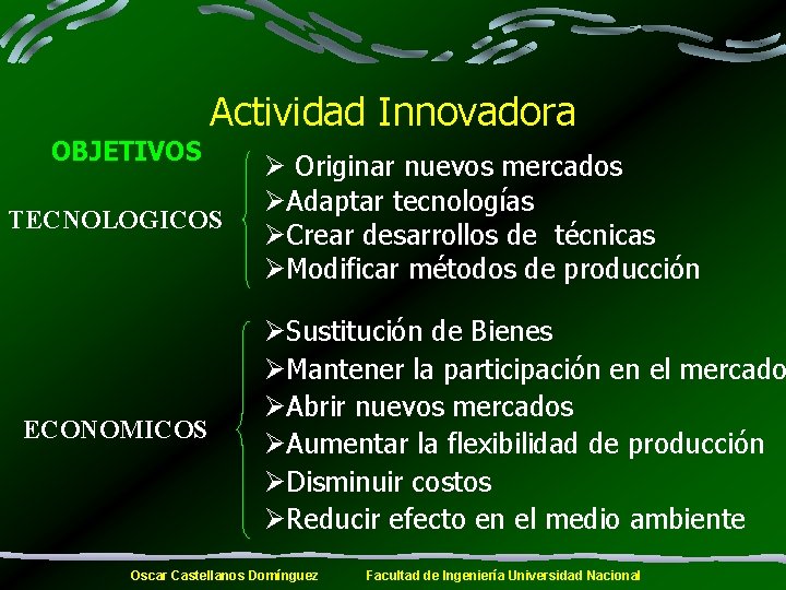 Actividad Innovadora OBJETIVOS TECNOLOGICOS ECONOMICOS Ø Originar nuevos mercados ØAdaptar tecnologías ØCrear desarrollos de