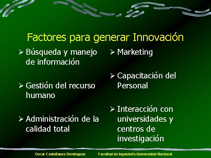Factores para generar Innovación Ø Búsqueda y manejo Ø Marketing de información Ø Capacitación