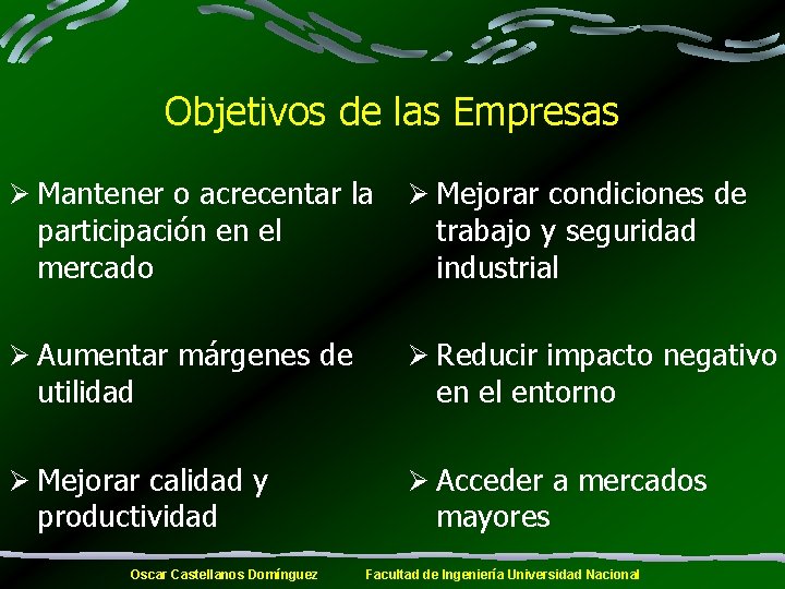 Objetivos de las Empresas Ø Mantener o acrecentar la Ø Mejorar condiciones de Ø