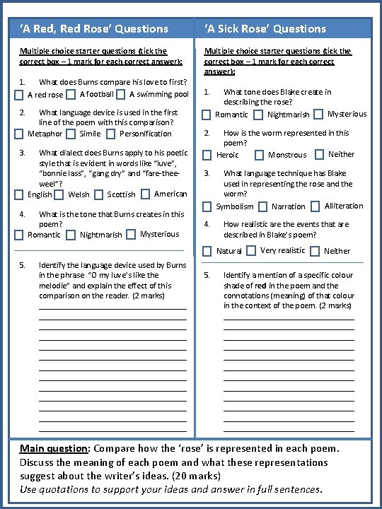 ‘A Red, Red Rose’ Questions ‘A Sick Rose’ Questions Multiple choice starter questions (tick