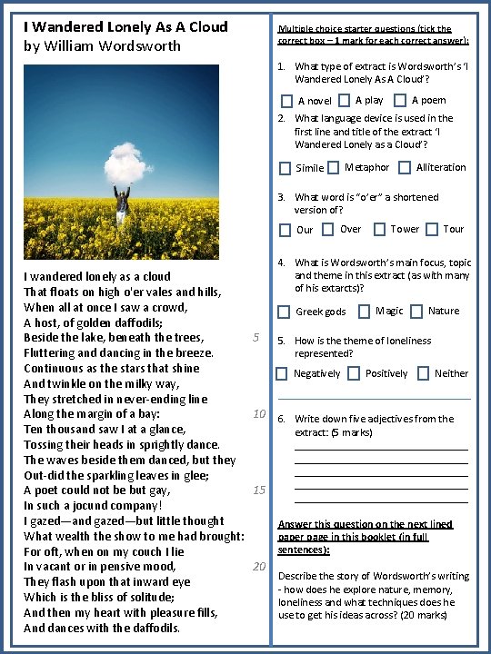 I Wandered Lonely As A Cloud by William Wordsworth Multiple choice starter questions (tick