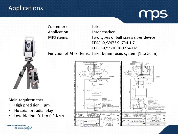 Applications Customer: Application: MPS items: Leica Laser tracker Two types of ball screws per Applications Customer: Application: MPS items: Leica Laser tracker Two types of ball screws per