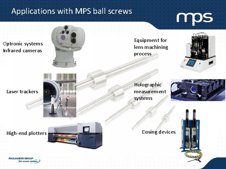 Applications with MPS ball screws Optronic systems Infrared cameras Equipment for lens machining process