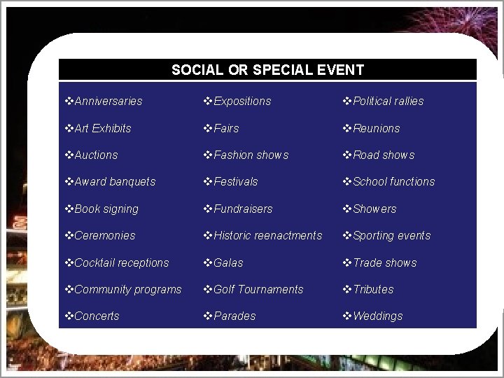 SOCIAL OR SPECIAL EVENT v. Anniversaries v. Expositions v. Political rallies v. Art Exhibits