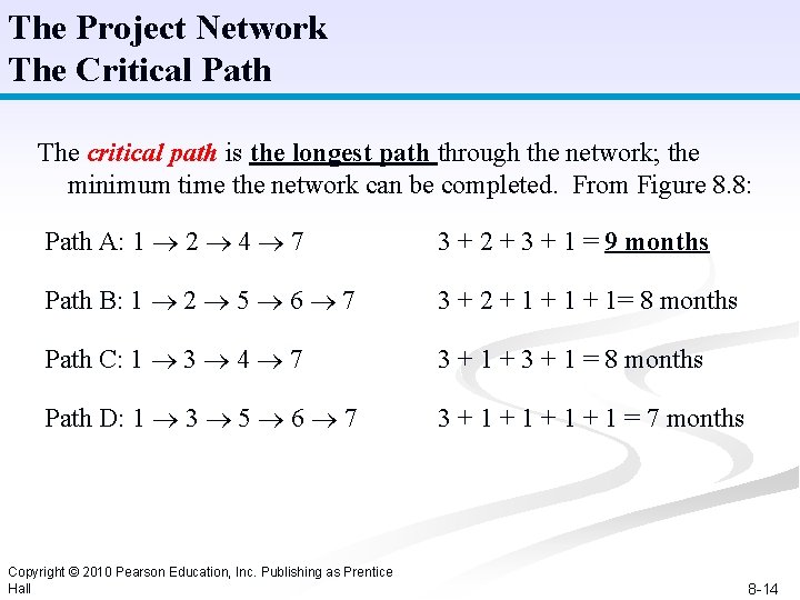 The Project Network The Critical Path The critical path is the longest path through