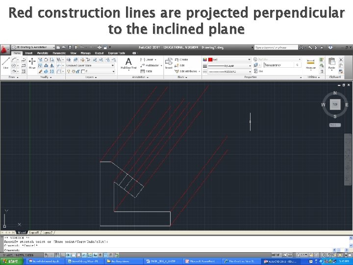 Red construction lines are projected perpendicular to the inclined plane 