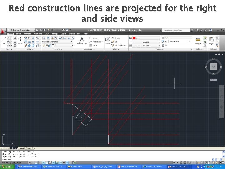 Red construction lines are projected for the right and side views 