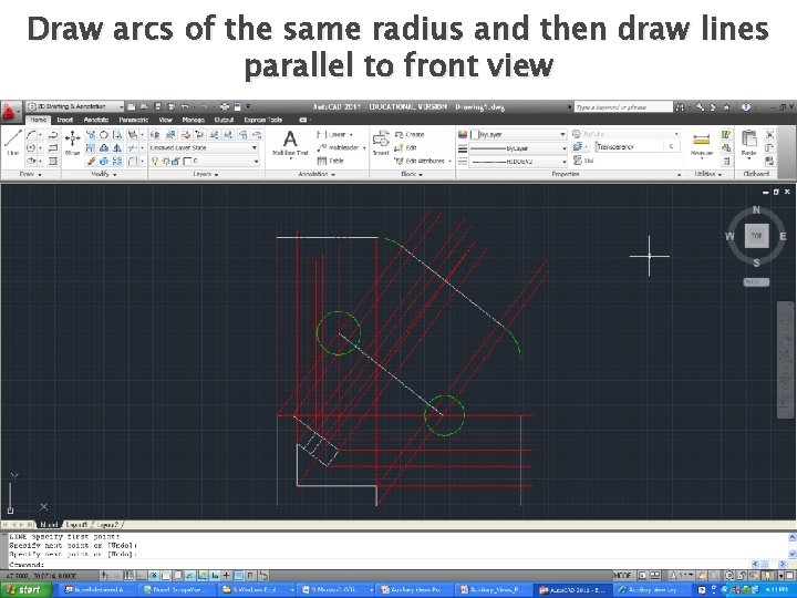 Draw arcs of the same radius and then draw lines parallel to front view