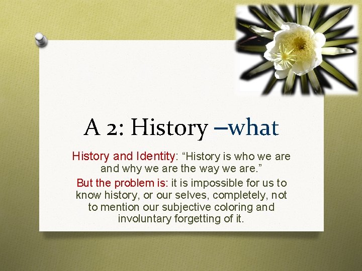 A 2: History –what History and Identity: “History is who we are and why