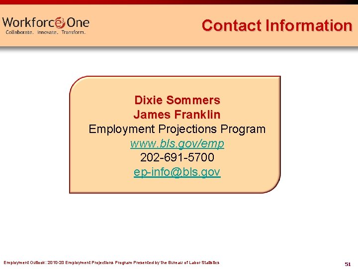 Contact Information Dixie Sommers James Franklin Employment Projections Program www. bls. gov/emp 202 -691