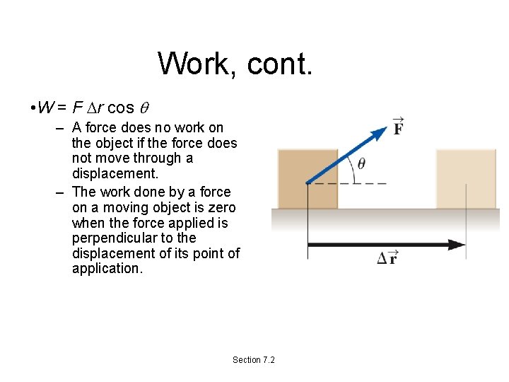 Work, cont. • W = F Dr cos q – A force does no