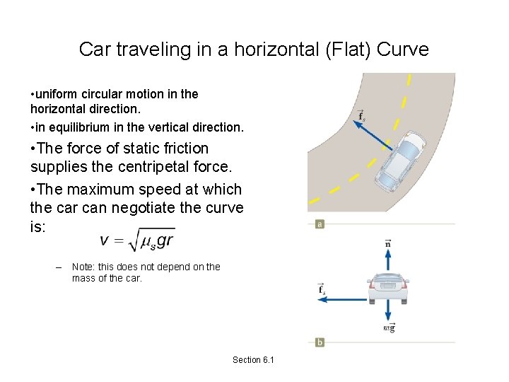 Car traveling in a horizontal (Flat) Curve • uniform circular motion in the horizontal