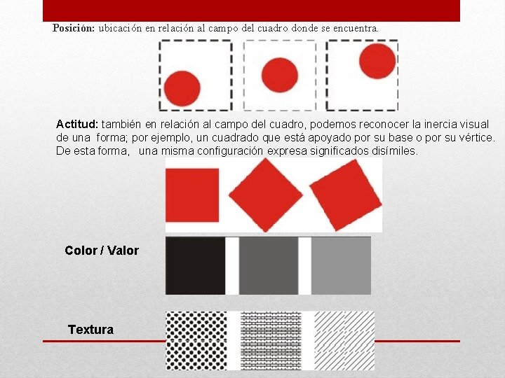 Posición: ubicación en relación al campo del cuadro donde se encuentra. Actitud: también en