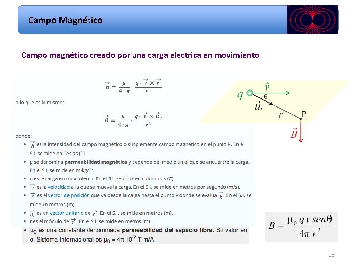 Campo Magnético Campo magnético creado por una carga eléctrica en movimiento 13 