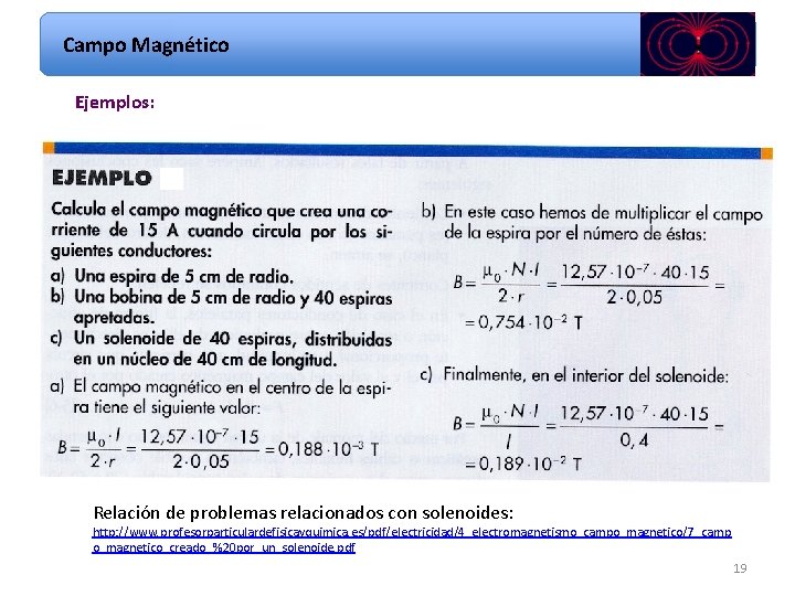 Campo Magnético Ejemplos: Relación de problemas relacionados con solenoides: http: //www. profesorparticulardefisicayquimica. es/pdf/electricidad/4_electromagnetismo_campo_magnetico/7_camp o_magnetico_creado_%20