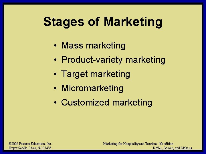 Stages of Marketing • Mass marketing • Product-variety marketing • Target marketing • Micromarketing