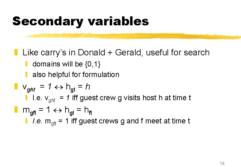 Secondary variables z Like carry’s in Donald + Gerald, useful for search y domains Secondary variables z Like carry’s in Donald + Gerald, useful for search y domains