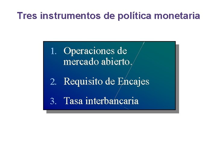 Tres instrumentos de política monetaria 1. Operaciones de mercado abierto. 2. Requisito de Encajes