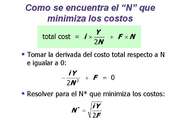 Como se encuentra el “N” que minimiza los costos § Tomar la derivada del