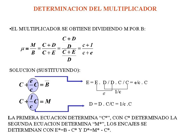 DETERMINACION DEL MULTIPLICADOR • EL MULTIPLICADOR SE OBTIENE DIVIDIENDO M POR B: SOLUCION (SUSTITUYENDO):