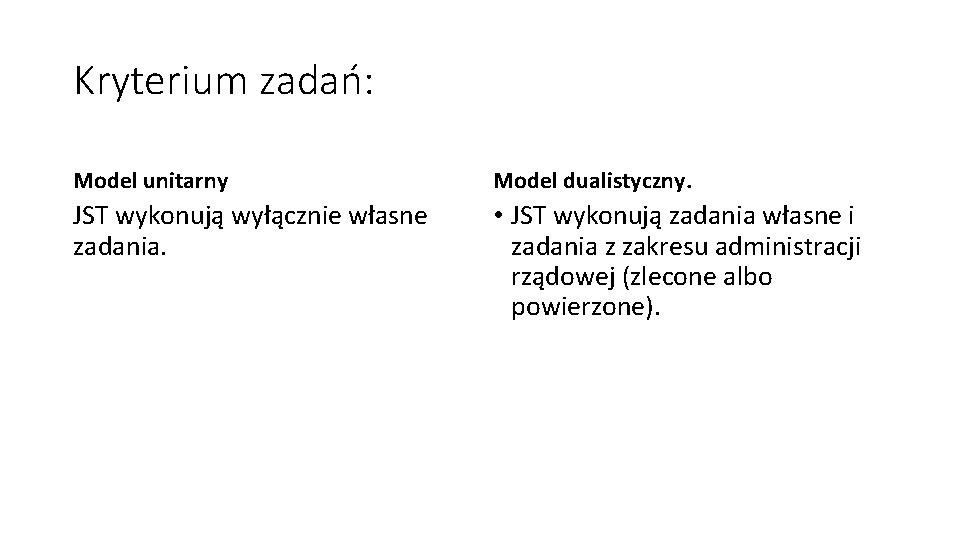 Kryterium zadań: Model unitarny Model dualistyczny. JST wykonują wyłącznie własne zadania. • JST wykonują