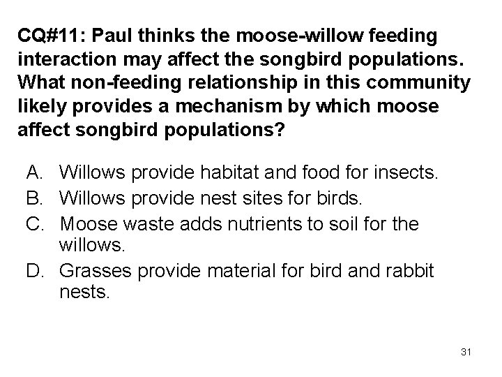 CQ#11: Paul thinks the moose-willow feeding interaction may affect the songbird populations. What non-feeding