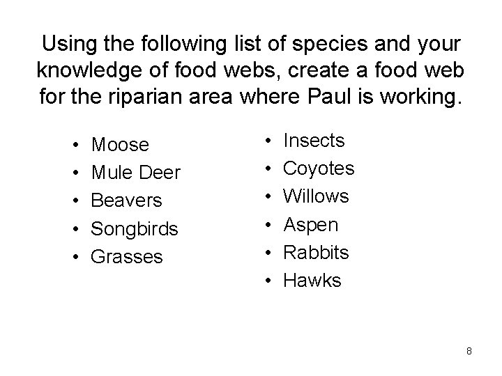 Using the following list of species and your knowledge of food webs, create a