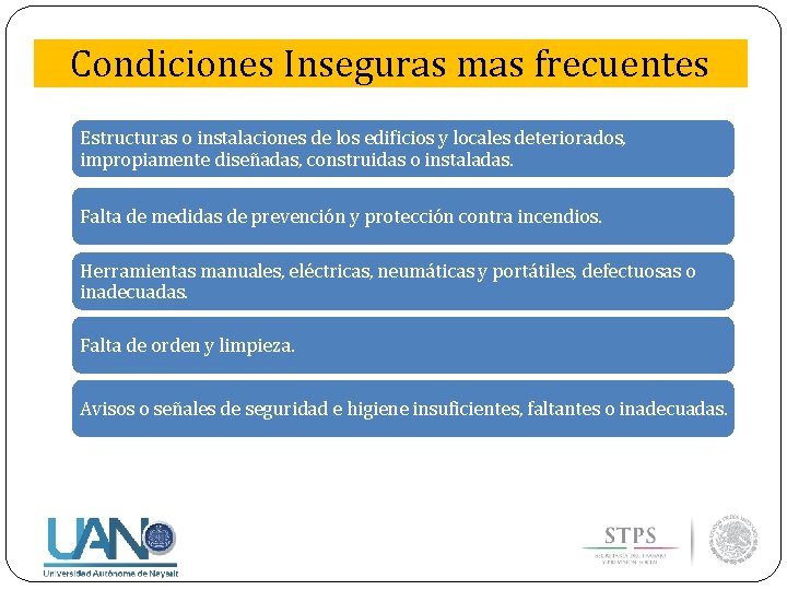 Condiciones Inseguras mas frecuentes Estructuras o instalaciones de los edificios y locales deteriorados, impropiamente