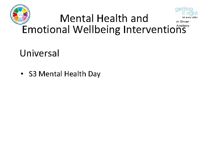 Mental Health and Emotional Wellbeing Interventions in Girvan Academy Universal • S 3 Mental