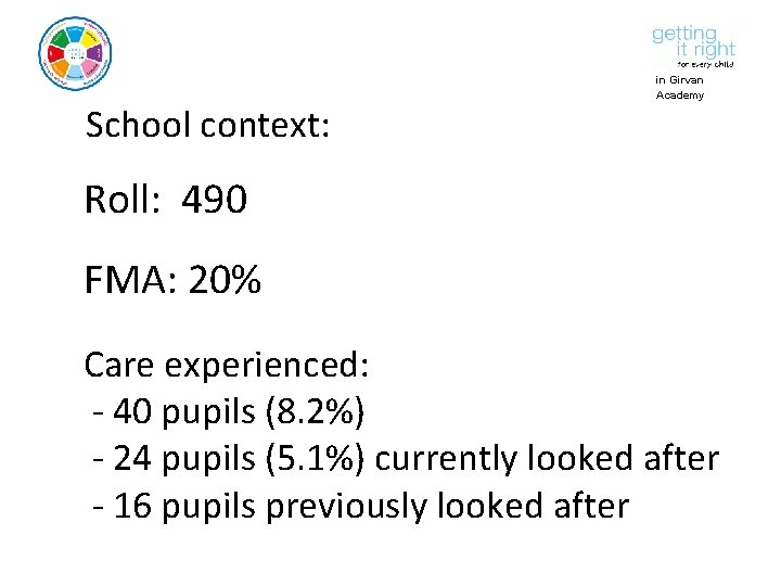 School context: in Girvan Academy Roll: 490 FMA: 20% Care experienced: - 40 pupils