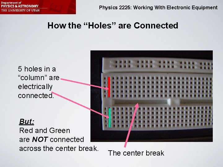 Physics 2225: Working With Electronic Equipment How the “Holes” are Connected 5 holes in