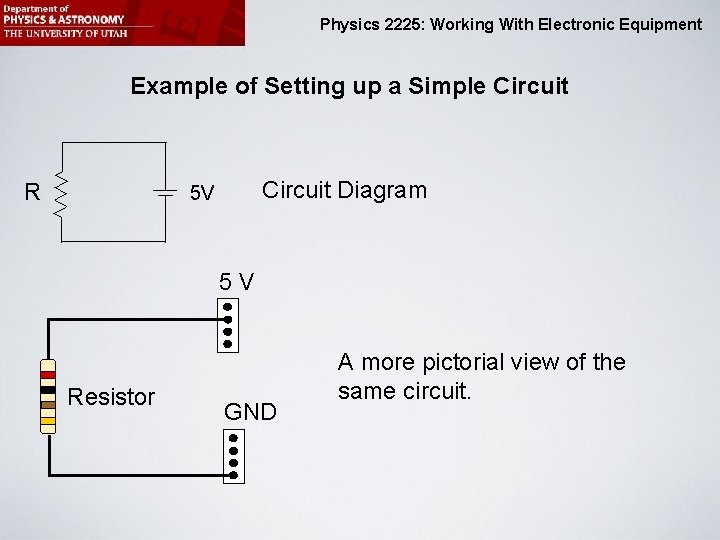 Physics 2225: Working With Electronic Equipment Example of Setting up a Simple Circuit R