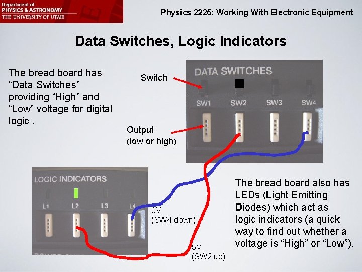 Physics 2225: Working With Electronic Equipment Data Switches, Logic Indicators The bread board has