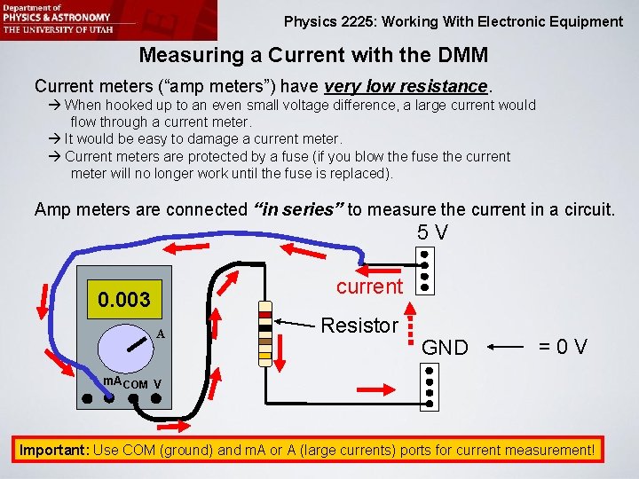 Physics 2225: Working With Electronic Equipment Measuring a Current with the DMM Current meters