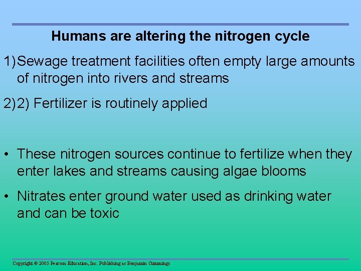 Humans are altering the nitrogen cycle 1) Sewage treatment facilities often empty large amounts