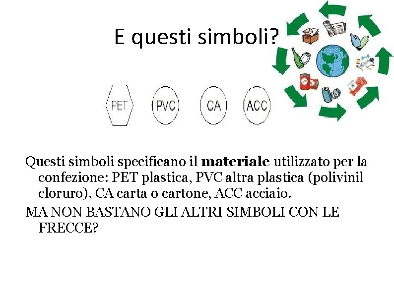 E questi simboli? Questi simboli specificano il materiale utilizzato per la confezione: PET plastica,