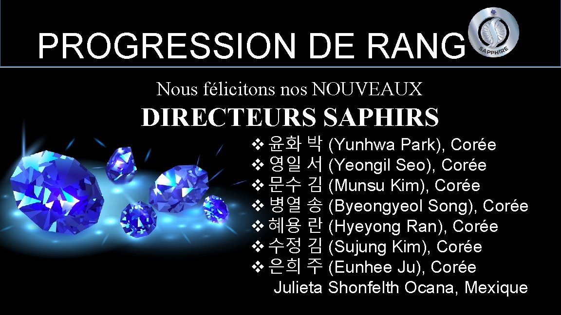 PROGRESSION DE RANG Nous félicitons nos NOUVEAUX DIRECTEURS SAPHIRS v 윤화 박 (Yunhwa Park),