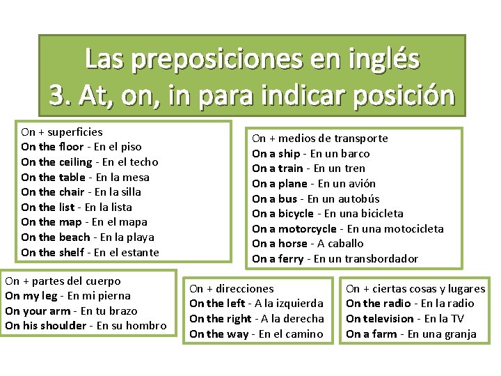 Las preposiciones en inglés 3. At, on, in para indicar posición On + superficies