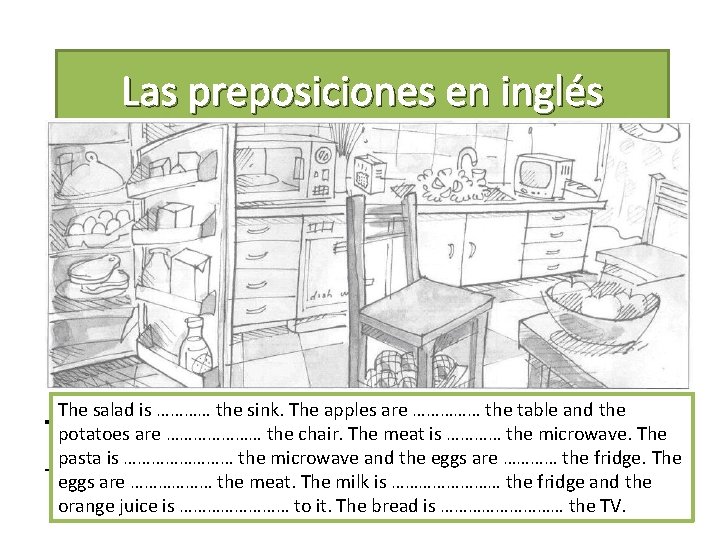 Las preposiciones en inglés The salad is ………… the sink. The apples are ……………