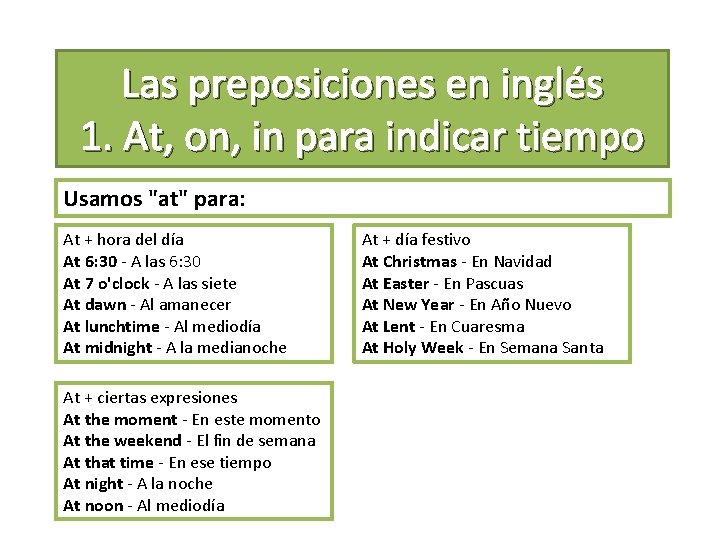 Las preposiciones en inglés 1. At, on, in para indicar tiempo Usamos "at" para: